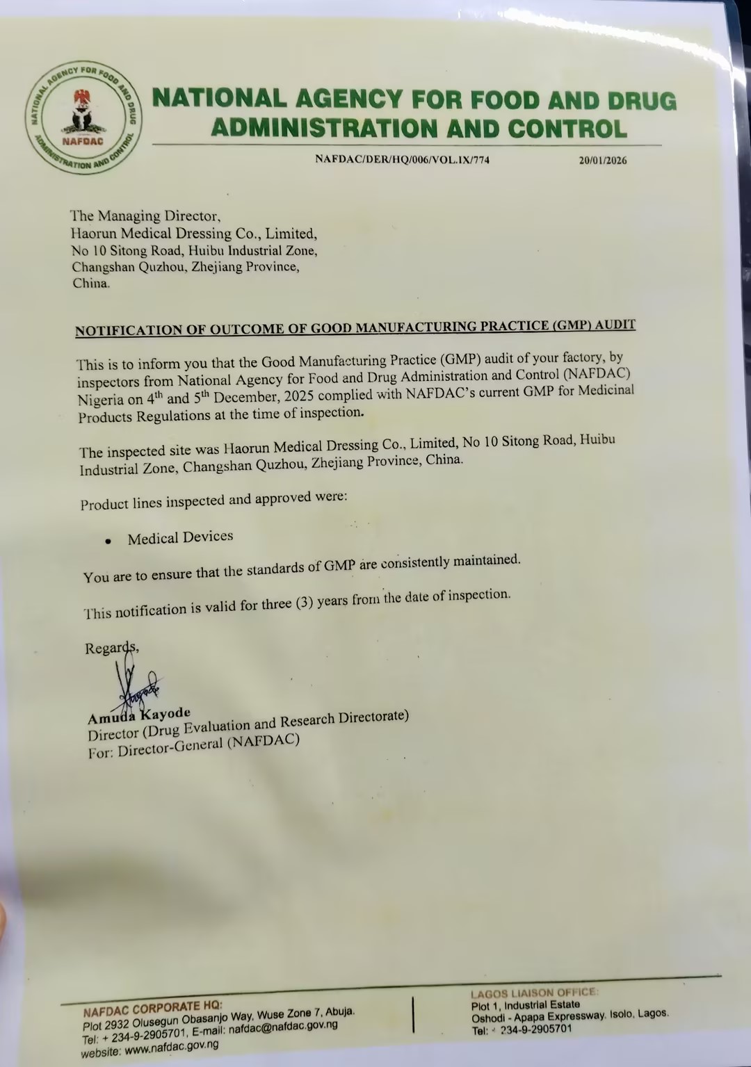 Haorun Medical Products får officiellt NAFDAC-registreringscertifiering i Nigeria